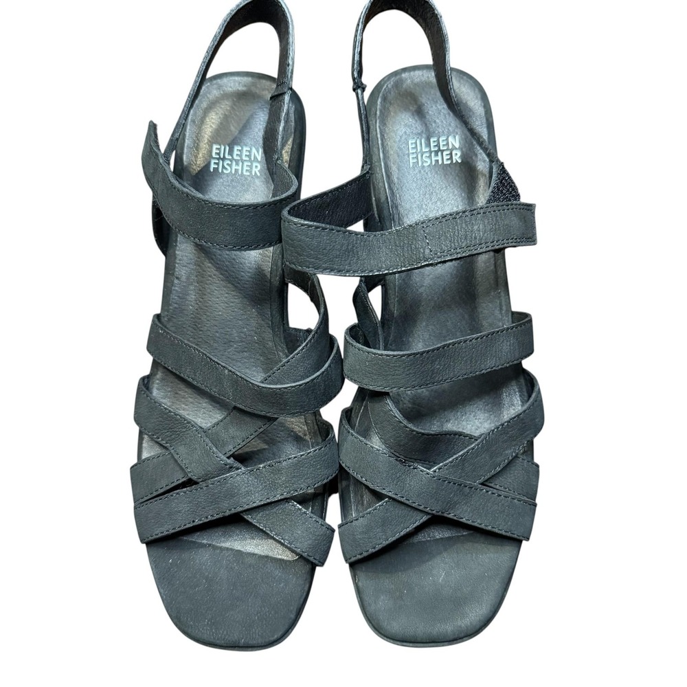 Eileen Fisher Shoes Womens Size‎ 9 Black Leather Strappy Wedge Sandals Comfort